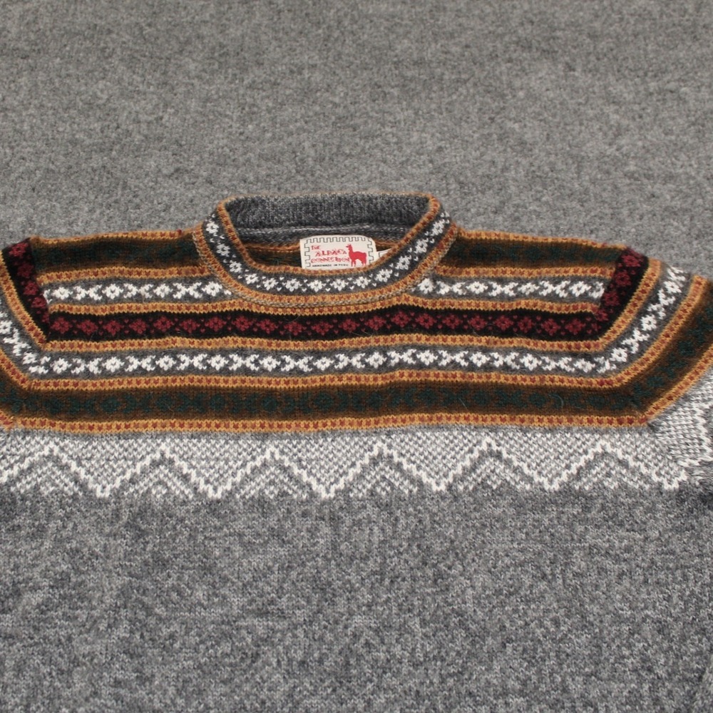 The Alpaca Connection Handmade Peru Fair Isle Sweater Mens Large Gray Wool Blend